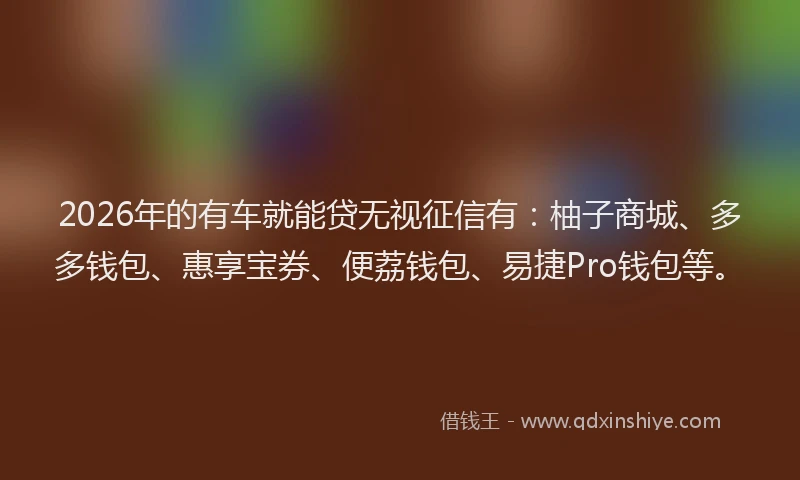 2026年的有车就能贷无视征信有：柚子商城、多多钱包、惠享宝券、便荔钱包、易捷Pro钱包等。