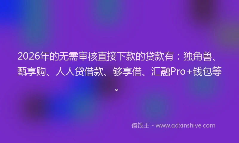 2026年的无需审核直接下款的贷款有：独角兽、甄享购、人人贷借款、够享借、汇融Pro+钱包等。