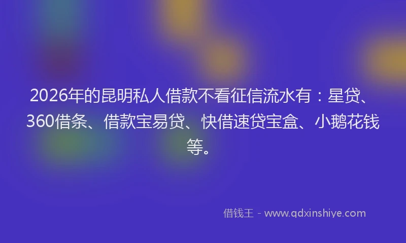 2026年的昆明私人借款不看征信流水有：星贷、360借条、借款宝易贷、快借速贷宝盒、小鹅花钱等。