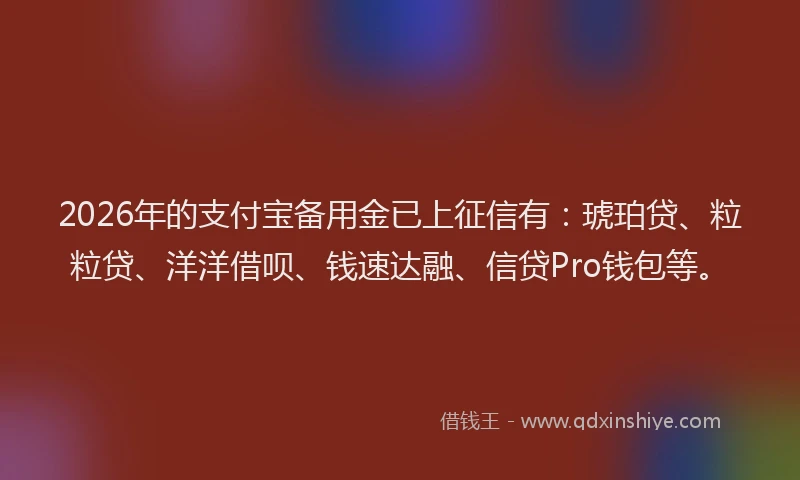 2026年的支付宝备用金已上征信有：琥珀贷、粒粒贷、洋洋借呗、钱速达融、信贷Pro钱包等。