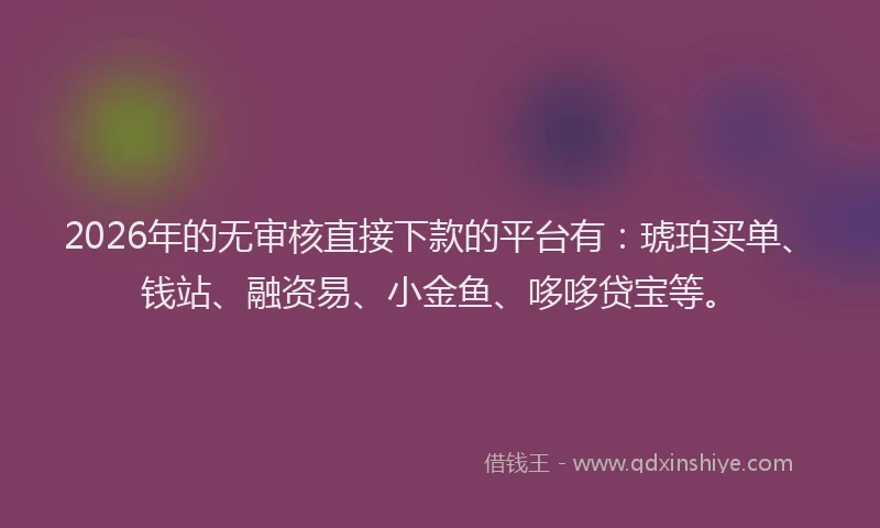 2026年的无审核直接下款的平台有：琥珀买单、钱站、融资易、小金鱼、哆哆贷宝等。