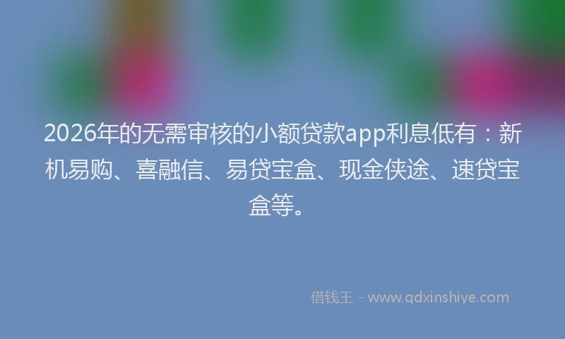 2026年的无需审核的小额贷款app利息低有：新机易购、喜融信、易贷宝盒、现金侠途、速贷宝盒等。