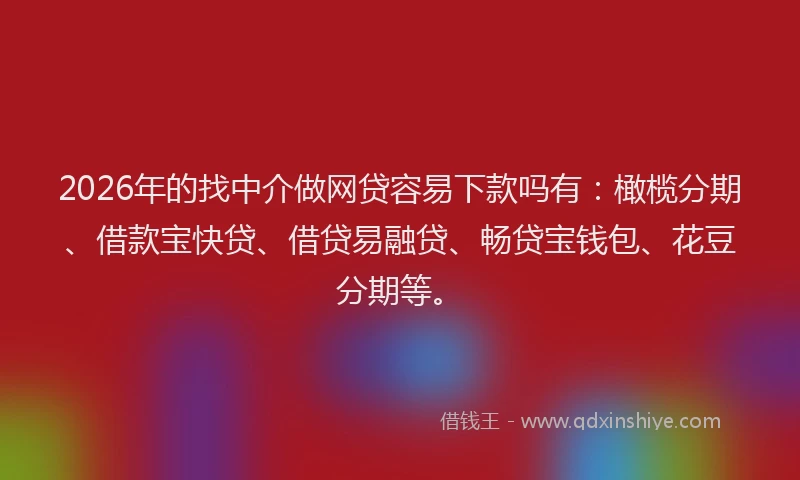 2026年的找中介做网贷容易下款吗有：橄榄分期、借款宝快贷、借贷易融贷、畅贷宝钱包、花豆分期等。