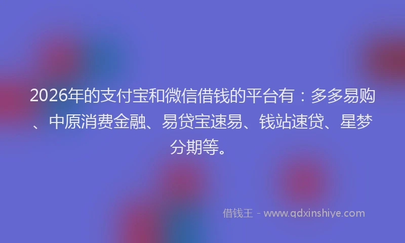 2026年的支付宝和微信借钱的平台有：多多易购、中原消费金融、易贷宝速易、钱站速贷、星梦分期等。