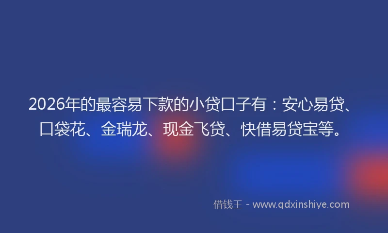 2026年的最容易下款的小贷口子有：安心易贷、口袋花、金瑞龙、现金飞贷、快借易贷宝等。