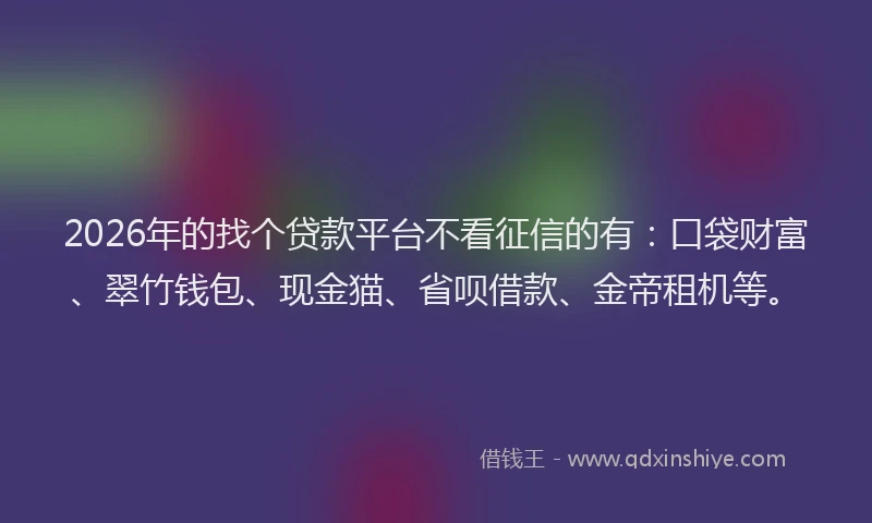 2026年的找个贷款平台不看征信的有：口袋财富、翠竹钱包、现金猫、省呗借款、金帝租机等。