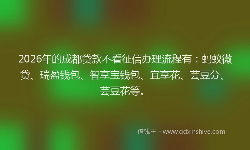 2026年的成都贷款不看征信办理流程有：蚂蚁微贷、瑞盈钱包、智享宝钱包、宜享花、芸豆分、芸豆花等。