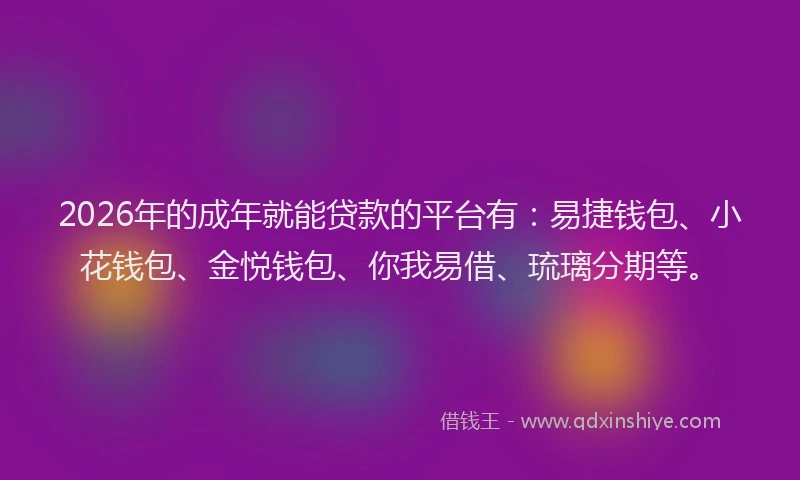 2026年的成年就能贷款的平台有：易捷钱包、小花钱包、金悦钱包、你我易借、琉璃分期等。
