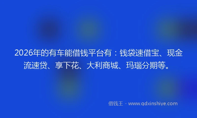 2026年的有车能借钱平台有：钱袋速借宝、现金流速贷、享下花、大利商城、玛瑙分期等。