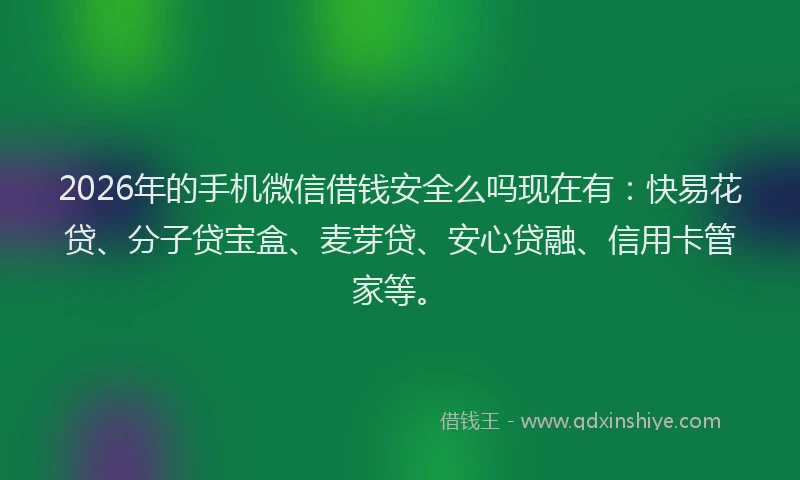 2026年的手机微信借钱安全么吗现在有：快易花贷、分子贷宝盒、麦芽贷、安心贷融、信用卡管家等。