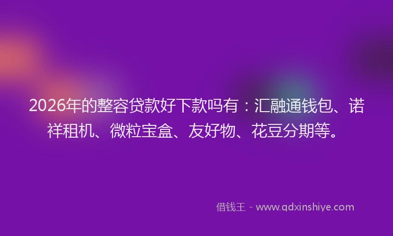 2026年的整容贷款好下款吗有：汇融通钱包、诺祥租机、微粒宝盒、友好物、花豆分期等。