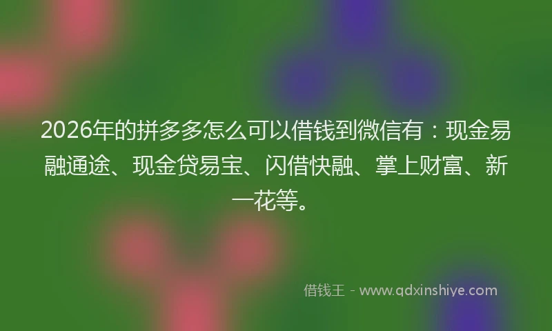 2026年的拼多多怎么可以借钱到微信有：现金易融通途、现金贷易宝、闪借快融、掌上财富、新一花等。