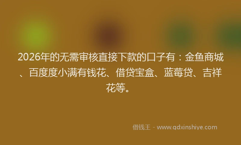 2026年的无需审核直接下款的口子有：金鱼商城、百度度小满有钱花、借贷宝盒、蓝莓贷、吉祥花等。