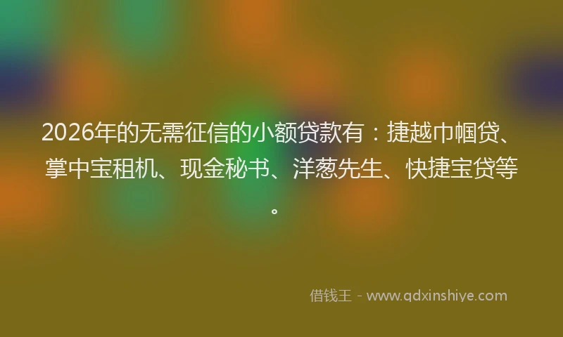 2026年的无需征信的小额贷款有：捷越巾帼贷、掌中宝租机、现金秘书、洋葱先生、快捷宝贷等。