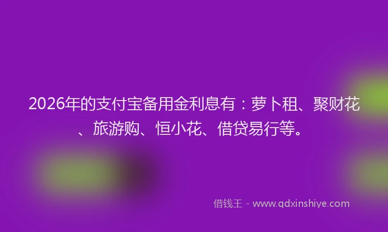 2026年的支付宝备用金利息有：萝卜租、聚财花、旅游购、恒小花、借贷易行等。