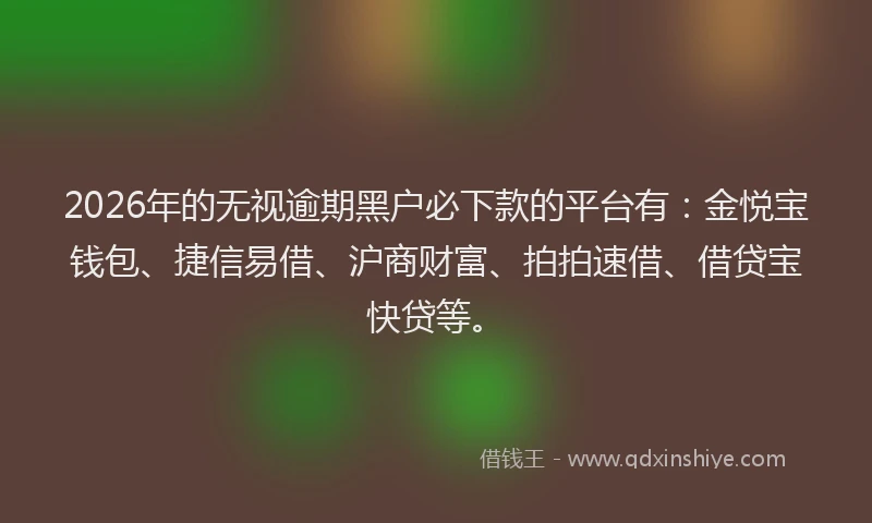 2026年的无视逾期黑户必下款的平台有：金悦宝钱包、捷信易借、沪商财富、拍拍速借、借贷宝快贷等。