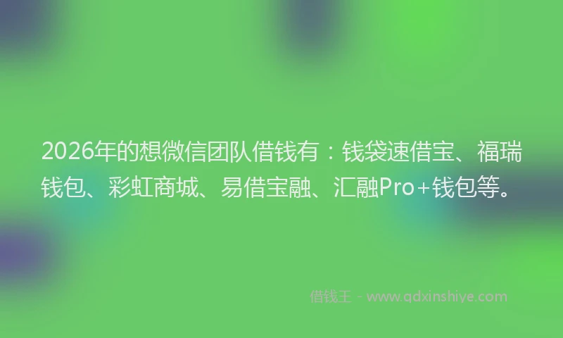 2026年的想微信团队借钱有：钱袋速借宝、福瑞钱包、彩虹商城、易借宝融、汇融Pro+钱包等。