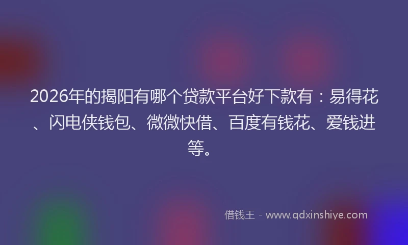 2026年的揭阳有哪个贷款平台好下款有：易得花、闪电侠钱包、微微快借、百度有钱花、爱钱进等。