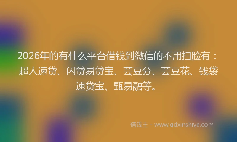 2026年的有什么平台借钱到微信的不用扫脸有：超人速贷、闪贷易贷宝、芸豆分、芸豆花、钱袋速贷宝、甄易融等。