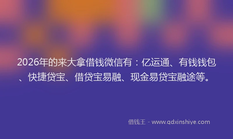 2026年的来大拿借钱微信有：亿运通、有钱钱包、快捷贷宝、借贷宝易融、现金易贷宝融途等。