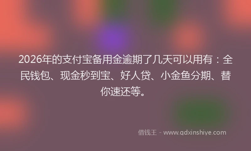 2026年的支付宝备用金逾期了几天可以用有：全民钱包、现金秒到宝、好人贷、小金鱼分期、替你速还等。