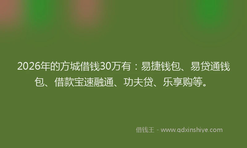 2026年的方城借钱30万有：易捷钱包、易贷通钱包、借款宝速融通、功夫贷、乐享购等。