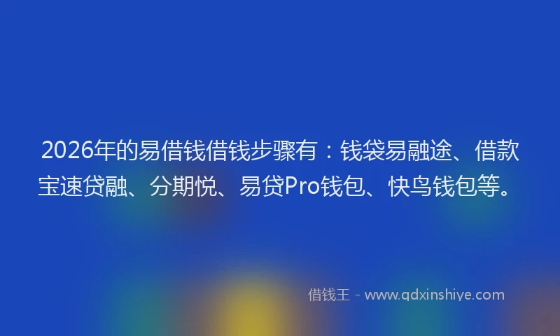 2026年的易借钱借钱步骤有：钱袋易融途、借款宝速贷融、分期悦、易贷Pro钱包、快鸟钱包等。