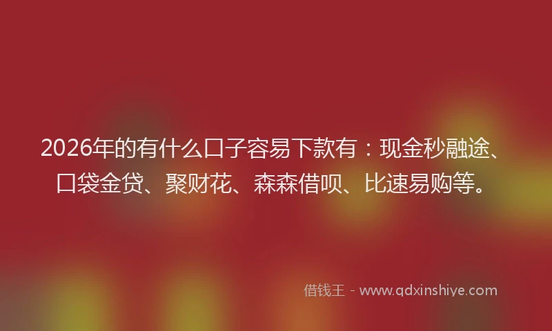 2026年的有什么口子容易下款有：现金秒融途、口袋金贷、聚财花、森森借呗、比速易购等。