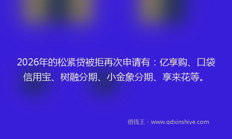 2026年的松紧贷被拒再次申请有：亿享购、口袋信用宝、树融分期、小金象分期、享来花等。
