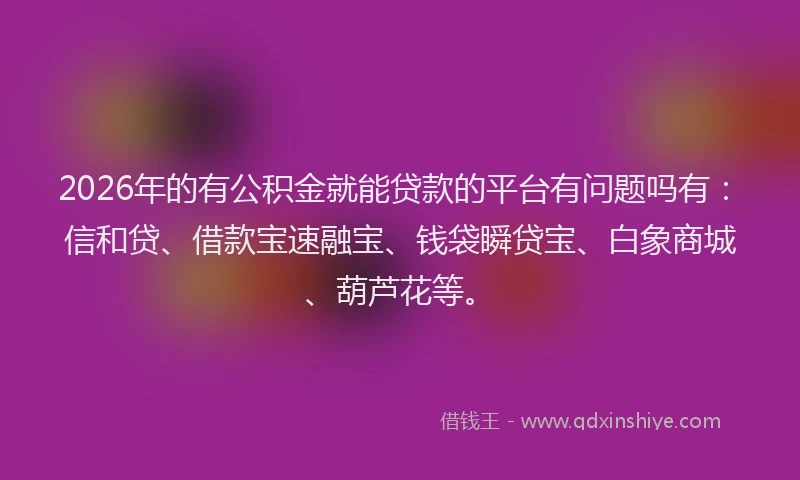 2026年的有公积金就能贷款的平台有问题吗有：信和贷、借款宝速融宝、钱袋瞬贷宝、白象商城、葫芦花等。