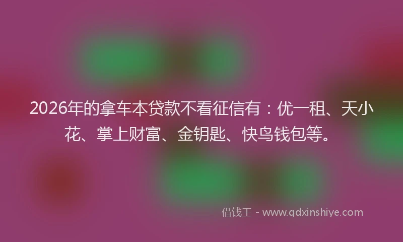 2026年的拿车本贷款不看征信有：优一租、天小花、掌上财富、金钥匙、快鸟钱包等。