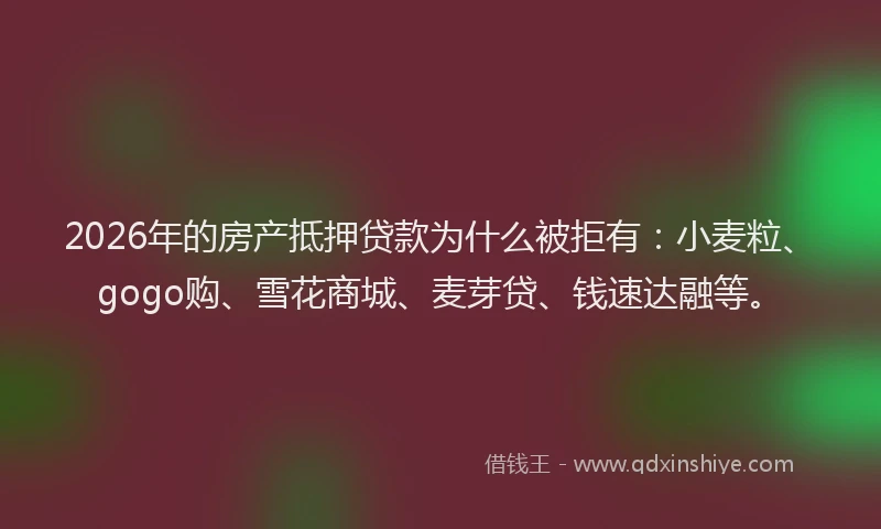 2026年的房产抵押贷款为什么被拒有：小麦粒、gogo购、雪花商城、麦芽贷、钱速达融等。