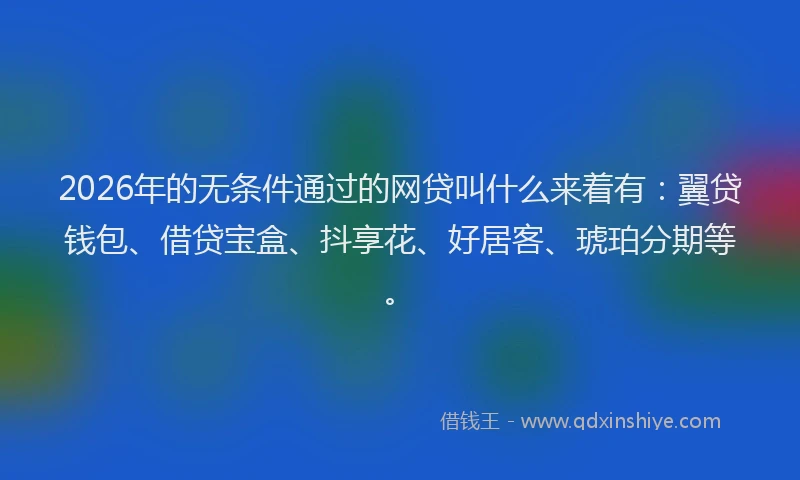 2026年的无条件通过的网贷叫什么来着有：翼贷钱包、借贷宝盒、抖享花、好居客、琥珀分期等。