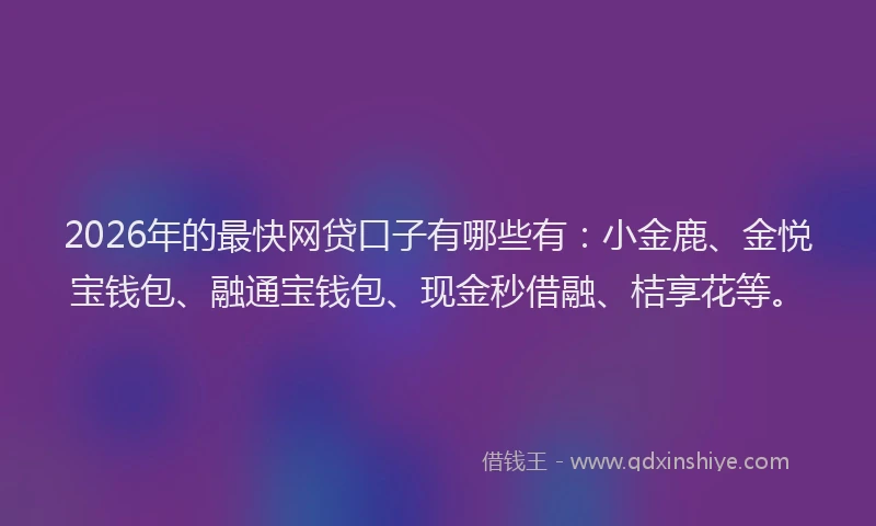 2026年的最快网贷口子有哪些有：小金鹿、金悦宝钱包、融通宝钱包、现金秒借融、桔享花等。