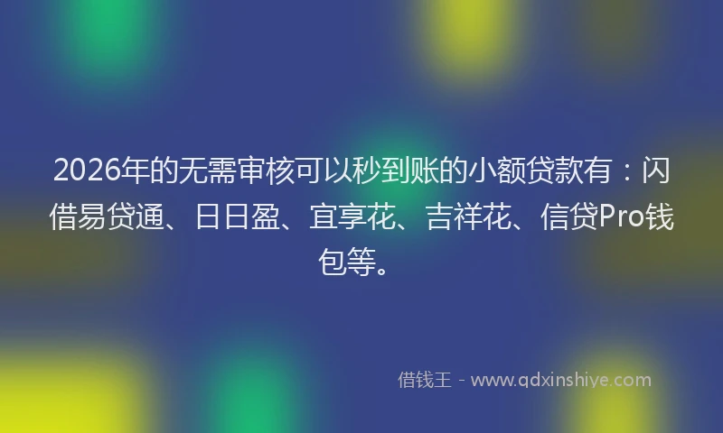 2026年的无需审核可以秒到账的小额贷款有：闪借易贷通、日日盈、宜享花、吉祥花、信贷Pro钱包等。