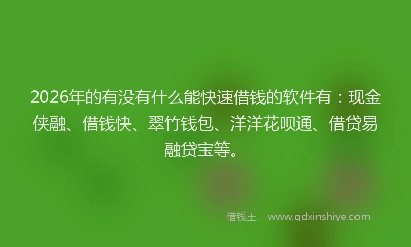 2026年的有没有什么能快速借钱的软件有：现金侠融、借钱快、翠竹钱包、洋洋花呗通、借贷易融贷宝等。
