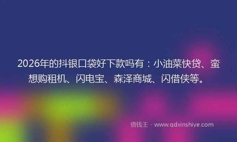 2026年的抖银口袋好下款吗有：小油菜快贷、蛮想购租机、闪电宝、森泽商城、闪借侠等。