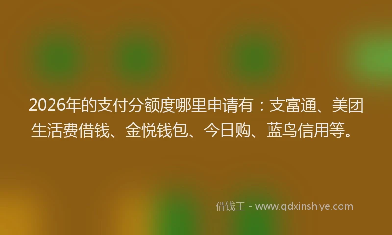 2026年的支付分额度哪里申请有：支富通、美团生活费借钱、金悦钱包、今日购、蓝鸟信用等。