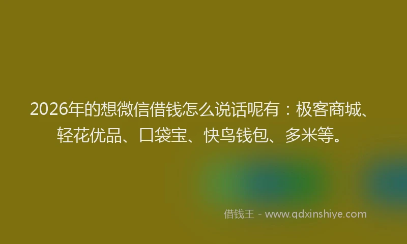 2026年的想微信借钱怎么说话呢有：极客商城、轻花优品、口袋宝、快鸟钱包、多米等。