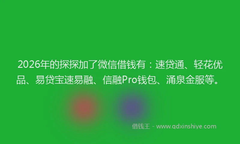 2026年的探探加了微信借钱有：速贷通、轻花优品、易贷宝速易融、信融Pro钱包、涌泉金服等。