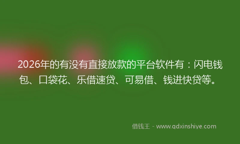 2026年的有没有直接放款的平台软件有：闪电钱包、口袋花、乐借速贷、可易借、钱进快贷等。