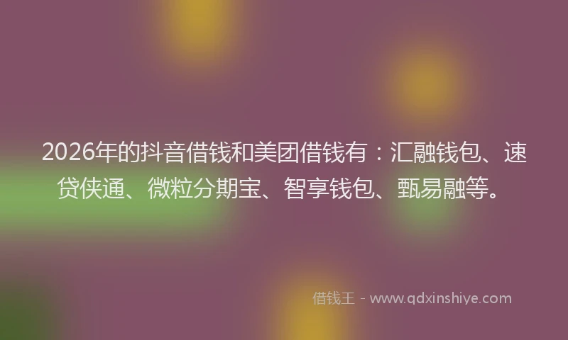 2026年的抖音借钱和美团借钱有：汇融钱包、速贷侠通、微粒分期宝、智享钱包、甄易融等。