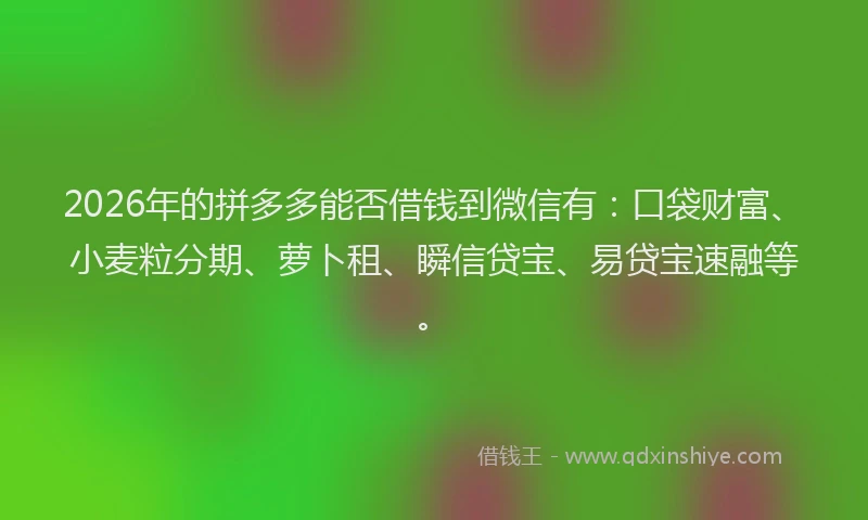2026年的拼多多能否借钱到微信有：口袋财富、小麦粒分期、萝卜租、瞬信贷宝、易贷宝速融等。