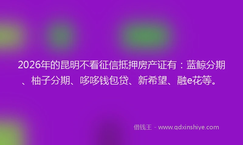 2026年的昆明不看征信抵押房产证有：蓝鲸分期、柚子分期、哆哆钱包贷、新希望、融e花等。