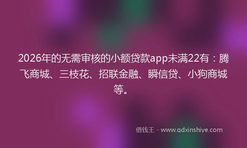 2026年的无需审核的小额贷款app未满22有：腾飞商城、三枝花、招联金融、瞬信贷、小狗商城等。