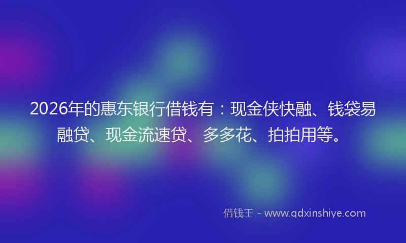 2026年的惠东银行借钱有：现金侠快融、钱袋易融贷、现金流速贷、多多花、拍拍用等。