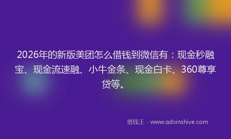 2026年的新版美团怎么借钱到微信有：现金秒融宝、现金流速融、小牛金条、现金白卡、360尊享贷等。