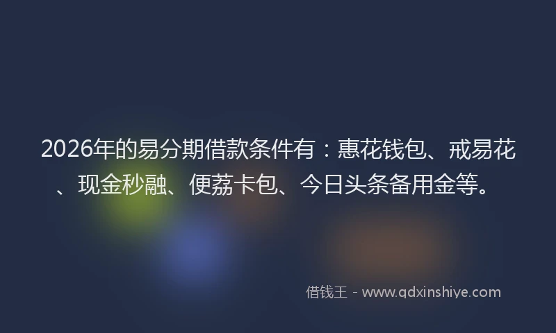 2026年的易分期借款条件有：惠花钱包、戒易花、现金秒融、便荔卡包、今日头条备用金等。