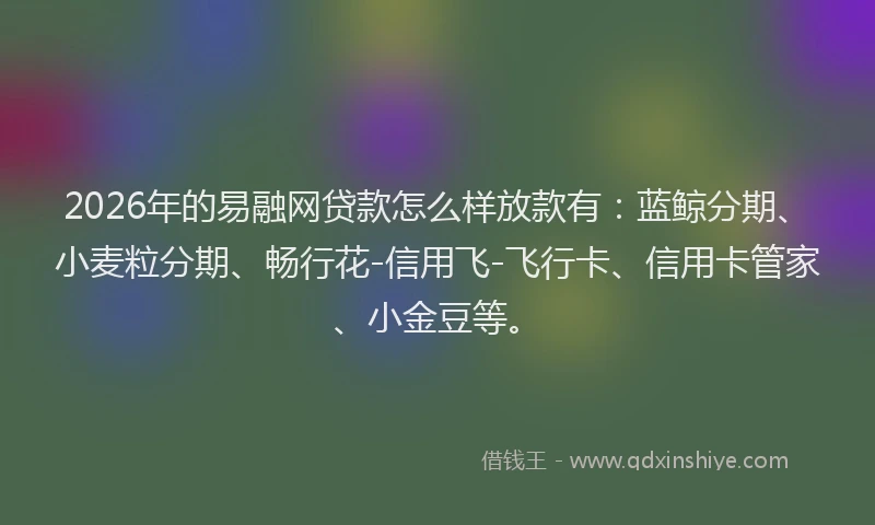 2026年的易融网贷款怎么样放款有：蓝鲸分期、小麦粒分期、畅行花-信用飞-飞行卡、信用卡管家、小金豆等。