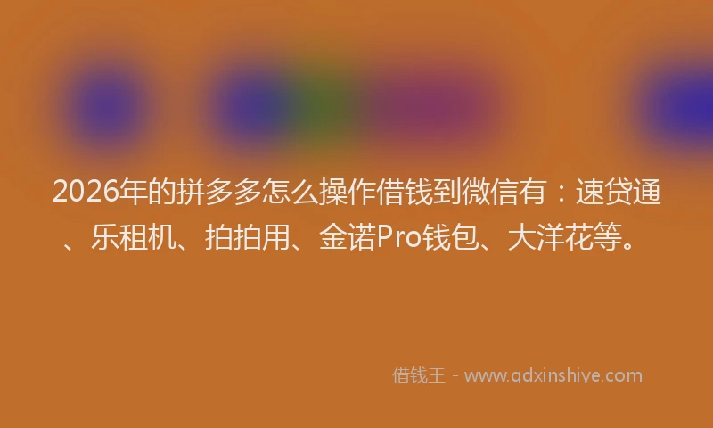 2026年的拼多多怎么操作借钱到微信有：速贷通、乐租机、拍拍用、金诺Pro钱包、大洋花等。